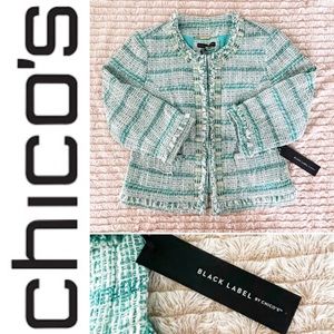 CHICO’S Black Label Tweed Embellished Teal and Cream Lined Blazer Jacket S NWT